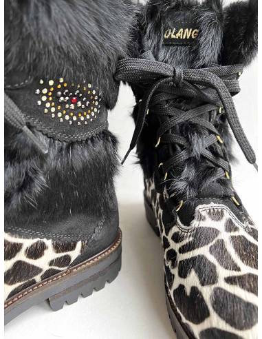 Bottes Olang femme fourrure noire et cuir de vache léopard Morgana