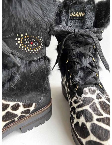Olang Damen-Stiefel Morgana schwarzes Fell und Rindsleder mit Leopardenmuster