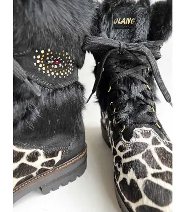 Olang Damen-Stiefel Morgana schwarzes Fell und Rindsleder mit Leopardenmuster