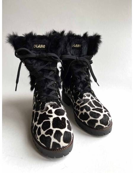 Olang Damen-Stiefel Morgana schwarzes Fell und Rindsleder mit Leopardenmuster
