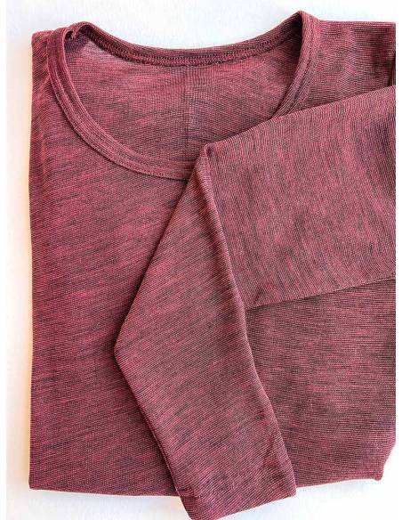 Maillot femme en laine mérinos et soie t-shirt ou tricot de peau avec col rond rouge sanguin 