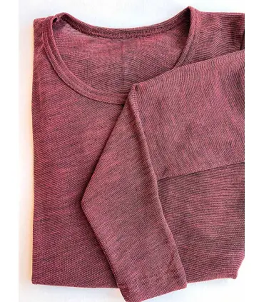 Maillot femme en laine mérinos et soie t-shirt ou tricot de peau avec col rond rouge sanguin 