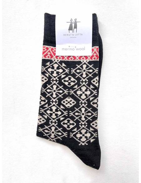 Chaussettes créateurs laine mérinos fantaisie motifs ethnique noir et celtique gris rouge 