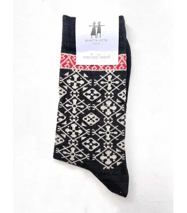 Chaussettes créateurs laine mérinos fantaisie motifs ethnique noir et celtique gris rouge 