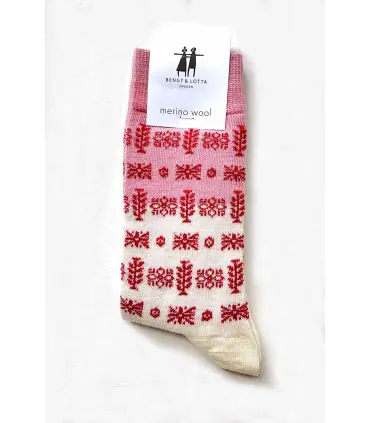 Chaussettes brigitte nordique de créateur laine mérinos fantaisie celtique rouge et rose 