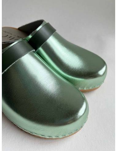 Women's swedish wooden clogs in leather silver or bronze
