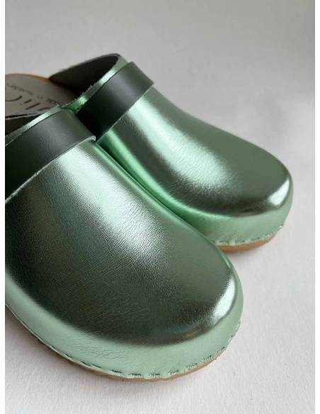 Damen Schwedische Holzschuhe und Leder silber oder bronze