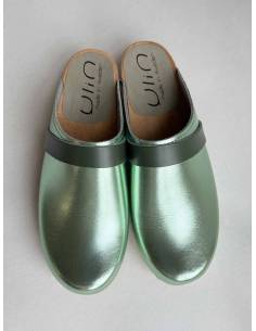 Sabots en bois femme et cuir métallisé bande nubuck ou cuir 2