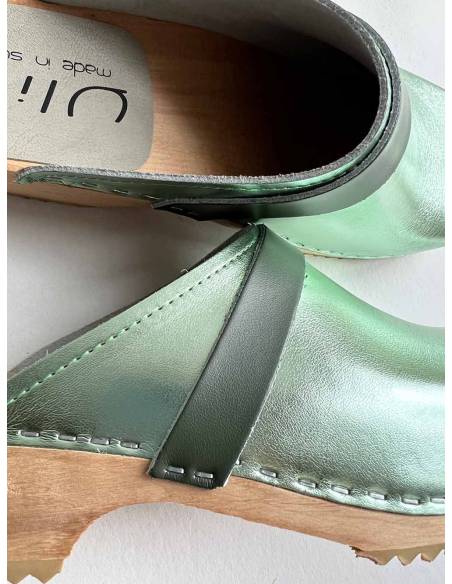 Damen Schwedische Holzschuhe und Leder silber oder bronze