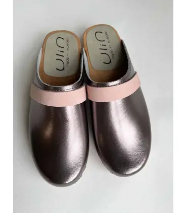 Women's swedish wooden clogs in leather silver or bronze