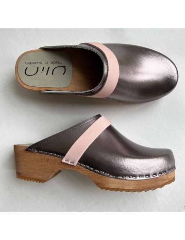 Damen Schwedische Holzschuhe und Leder silber oder bronze