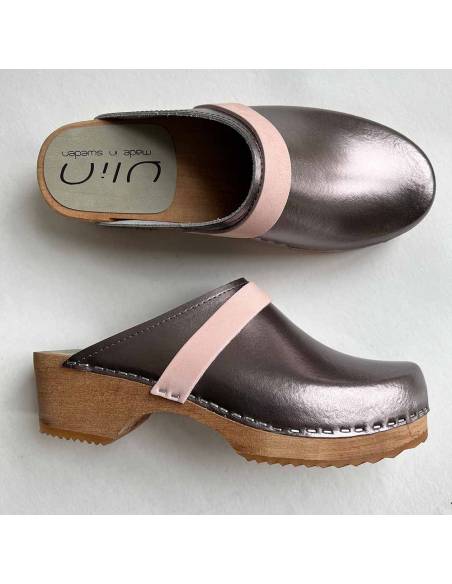 Damen Schwedische Holzschuhe und Leder silber oder bronze