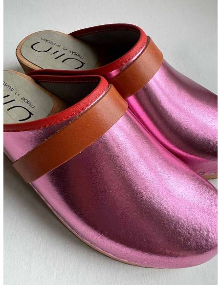 Women's swedish wooden clogs in leather silver or bronze