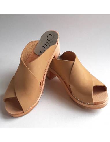 Mules femme nordiques à talons hauts bois et nubuck beige