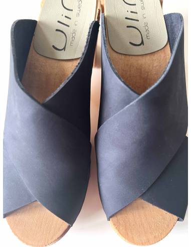 Mules suédoises femme semelle en bois et cuir navy