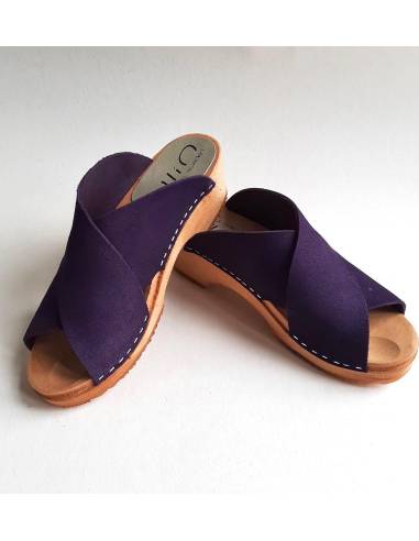 Sabots ouverts à talons violets bois et cuir végétal
