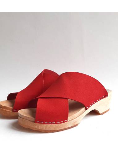 Sabot cuir végétal rouge femme et bois mode