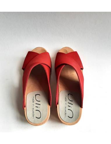 Sabot bois et cuir femme rouge végétal