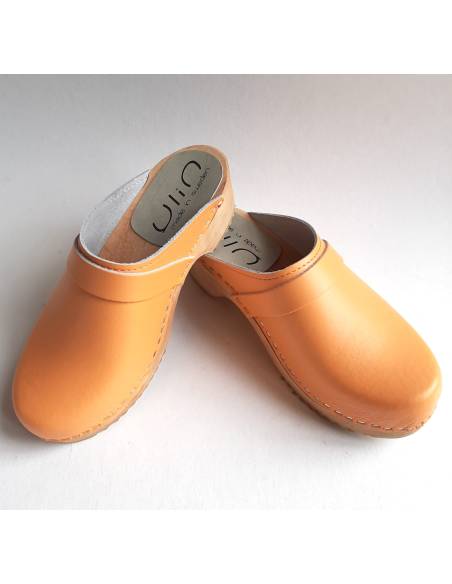 Women's swedish clogs yellow leather and wooden sole