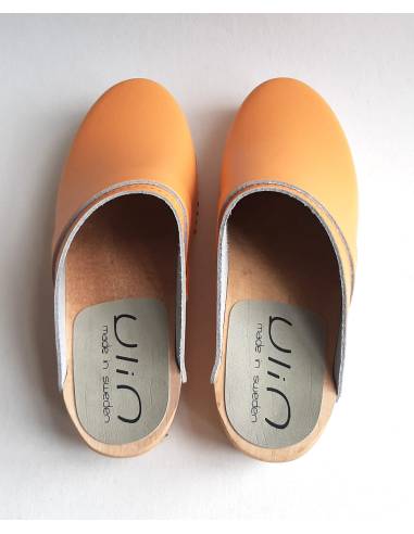 Sabots suédois homme  bois et cuir orange papaye