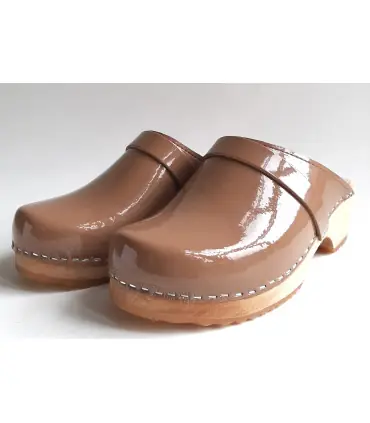 Sueco zuecos de madera cuero charolado mujer