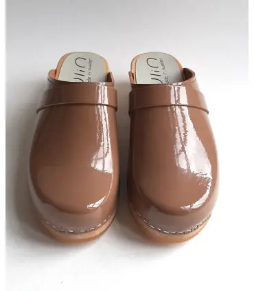 Sueco zuecos de madera cuero charolado mujer