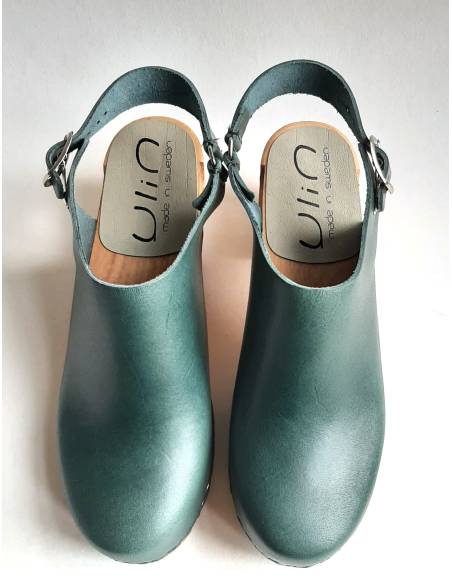 Sandales suédoises femme en bois à talons hauts et à brides articulées vert bleuté végétal 