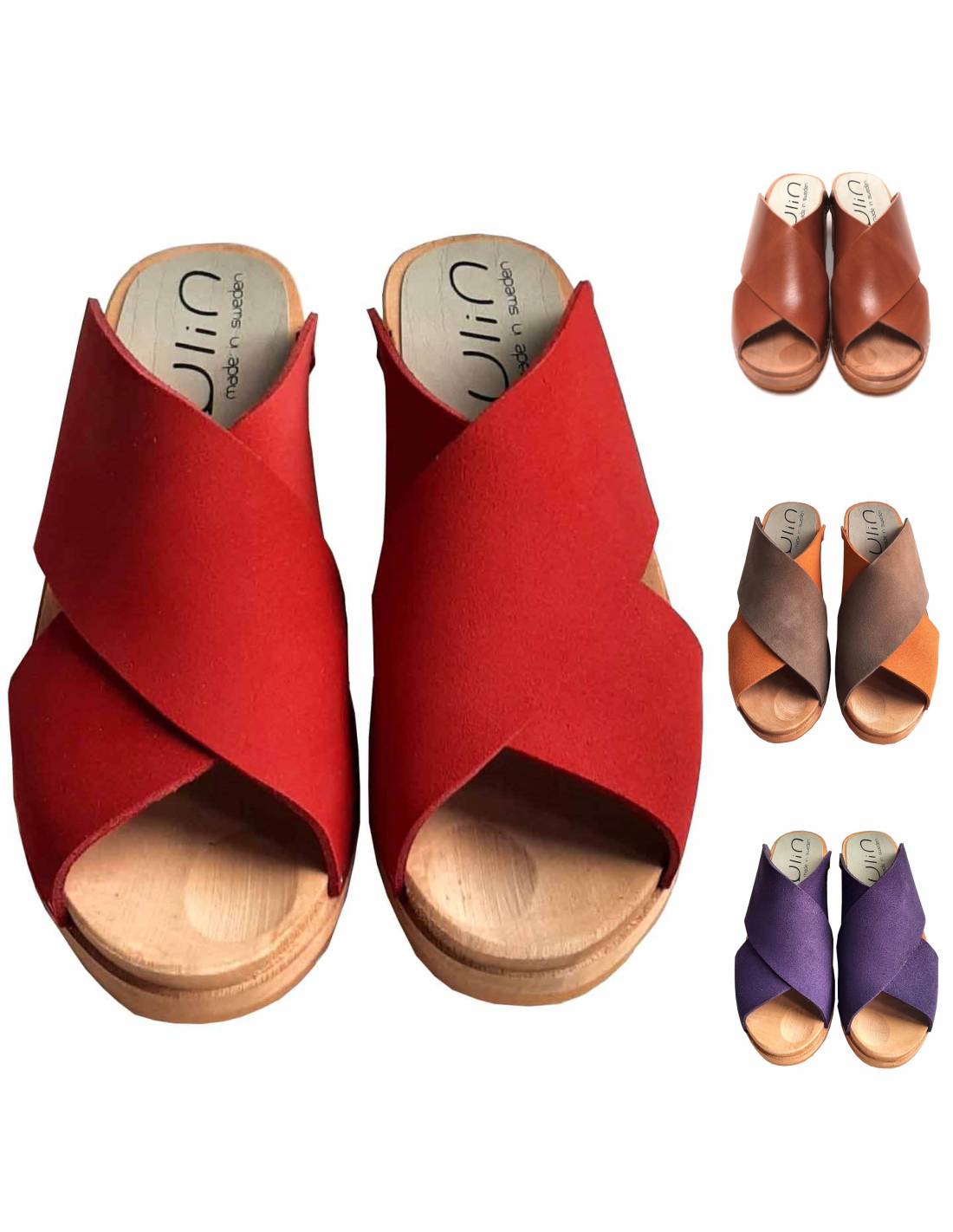 Sandale mule suedoise bois et cuir tannage végétal