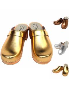 Women's swedish wooden clogs in leather silver or bronze