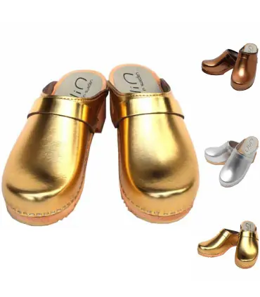 Women's swedish wooden clogs in leather silver or bronze