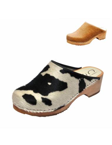 Sabots suédois tendances bois peau de vache véritable à poils très doux 