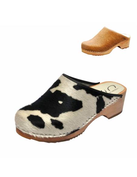 zuecos de madera y cuero de vaca genuino