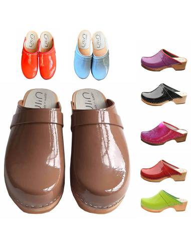 Sabots suédois femme bois et cuir vernis collection de cuir vernis 