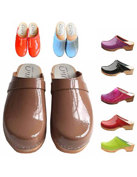 Sabots suédois femme bois et cuir vernis collection de cuir vernis 
