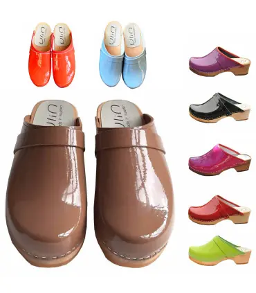 Sueco zuecos de madera cuero charolado mujer