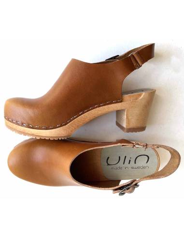 Sandales suédoises femme en bois à talons hauts et à brides articulées cognac 7cm nordic way 