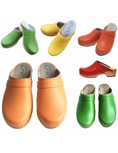 Women's swedish clogs yellow leather and wooden sole