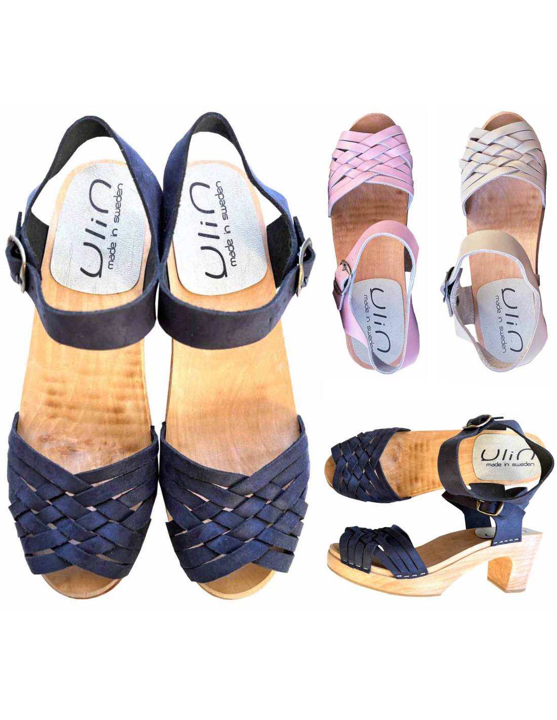 Sandales suédoises femme talons hauts bois cuir tressé rose ou beige