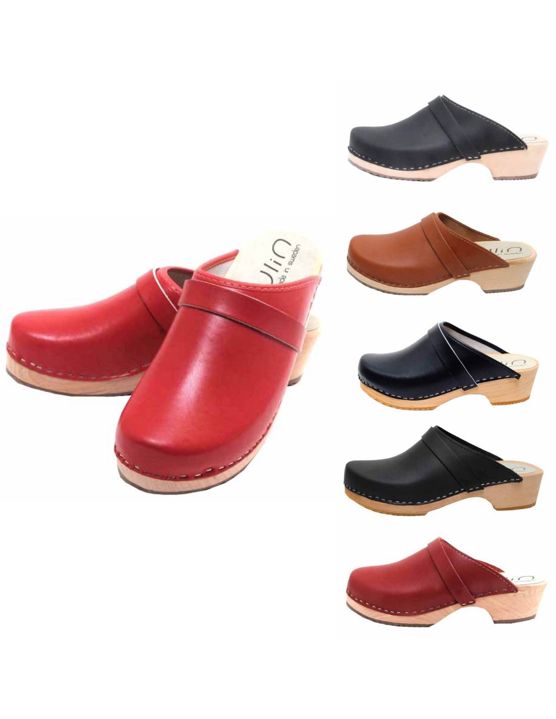 Zuecos suecos en cuero y madera exclusiva pies delgados Esprit