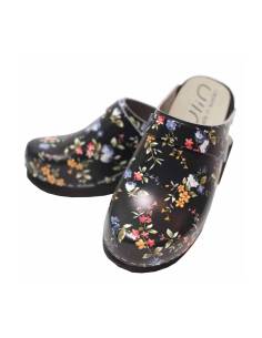 Women's swedish wooden clogs black liberty flower Special Offer