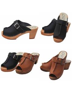 Women heels high wooden Swedish clogs and leather with clasp