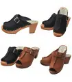 Open clogs with metal buckle high heels wood and vegetable tanned leather