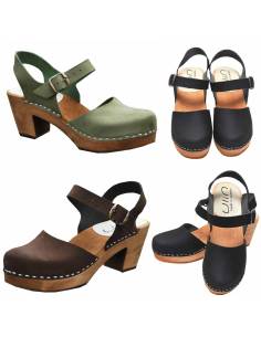 Women Swedish wooden and nubuck leather heeled sandals