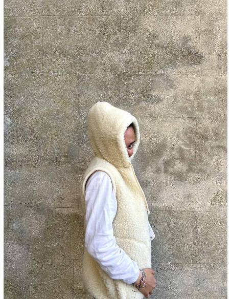 Veste pure laine avec capuche et fermeture ZIP écru clair ou beige crème véritable laine wool 
