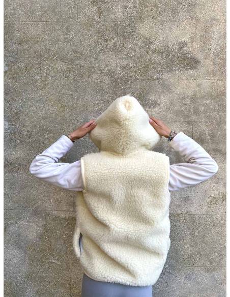  Chaqueta de lana pura sin mangas con cremallera y Capucha 
