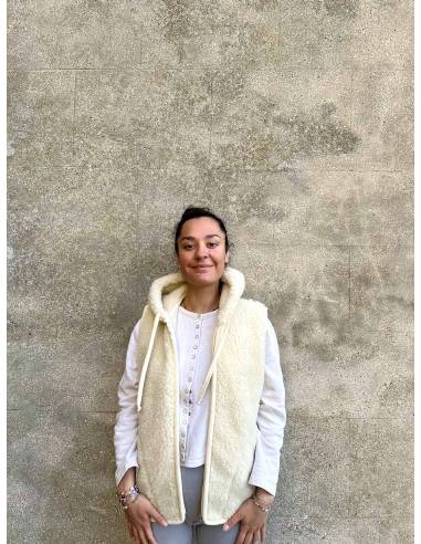 Veste pure laine avec capuche et fermeture ZIP poches sans manches et cordons
