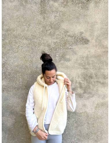 Veste pure laine avec capuche et fermeture ZIP fermeture éclaire argent sans manche laine véritable et cordon 