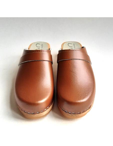 Sabots suédois classiques femme et homme semelle en bois et cuir marron