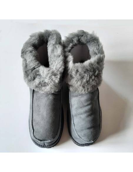 Chaussons  Femme et Homme chauds en peau d'agneaugris foncé