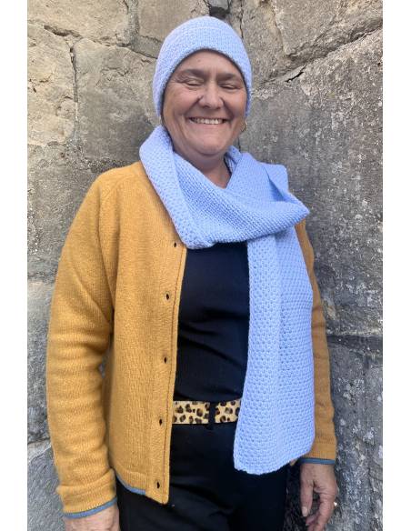 Echarpe en pure laine mérinos maille tricot côte de riz bleu ciel doux et chaud 